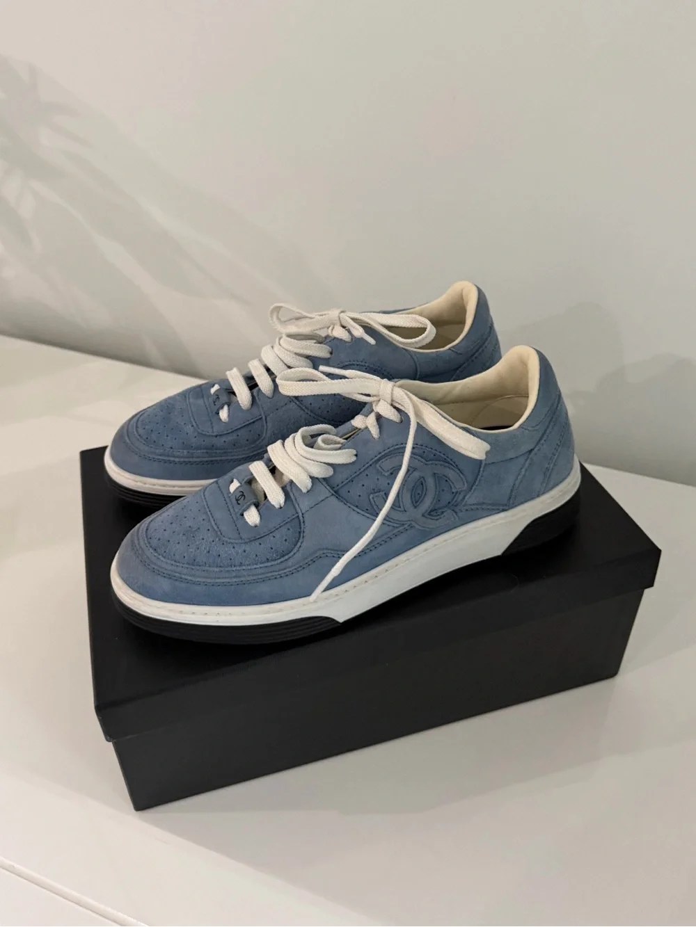 CHANEL Dusty Blue Suede Low-Top Sneakers with White Laces